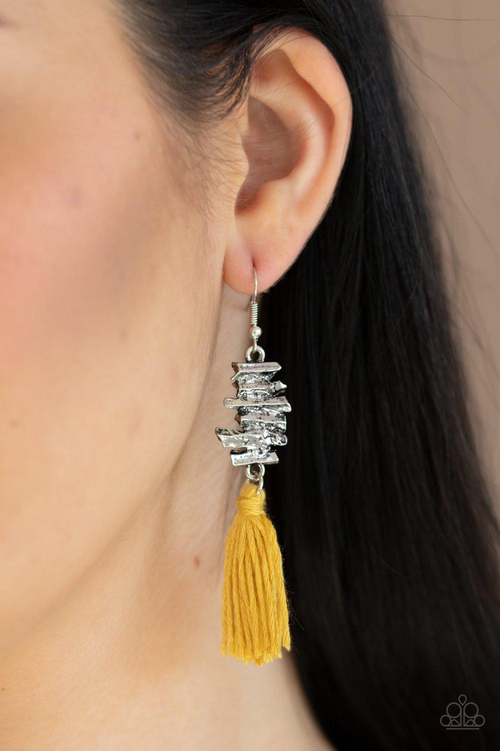 Tiki Tassel Yellow and Silver Earrings - Paparazzi Accessories- lightbox - CarasShop.com - Paparazzi Jewelry by Cara Jewels