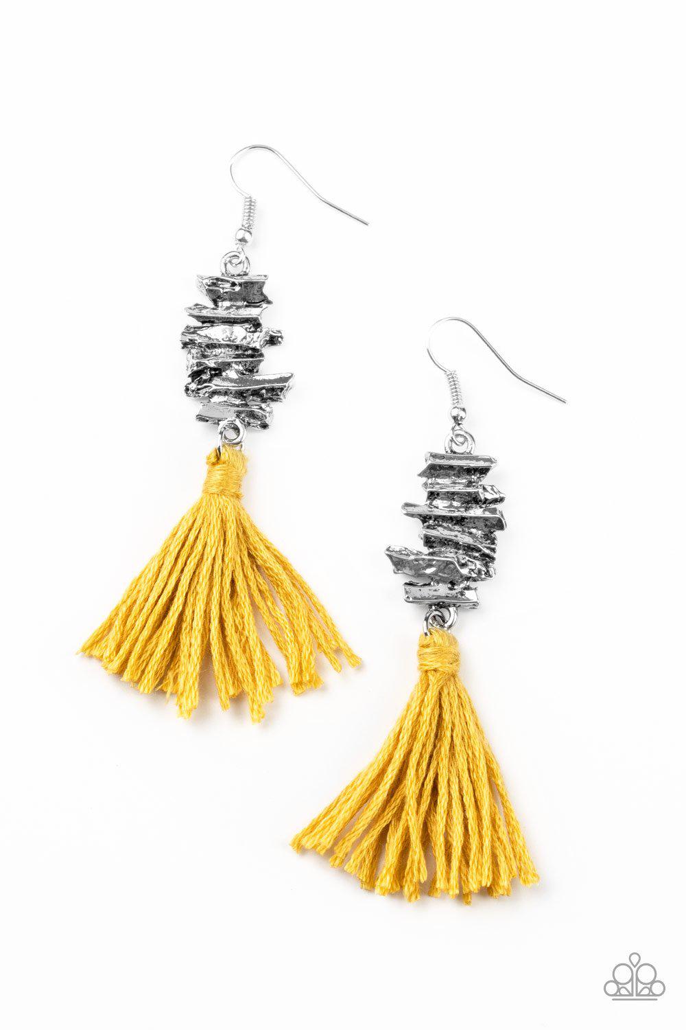Tiki Tassel Yellow and Silver Earrings - Paparazzi Accessories- on model - CarasShop.com - Paparazzi Jewelry by Cara Jewels