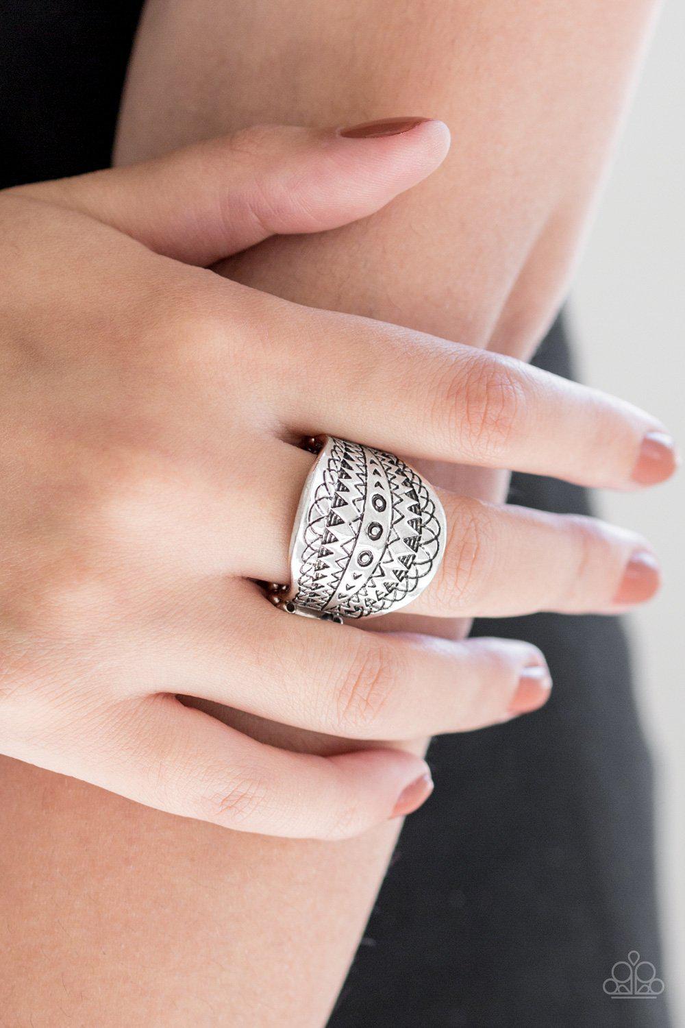 Tiki Tribe Silver Ring - Paparazzi Accessories- on model - CarasShop.com - Paparazzi Jewelry by Cara Jewels