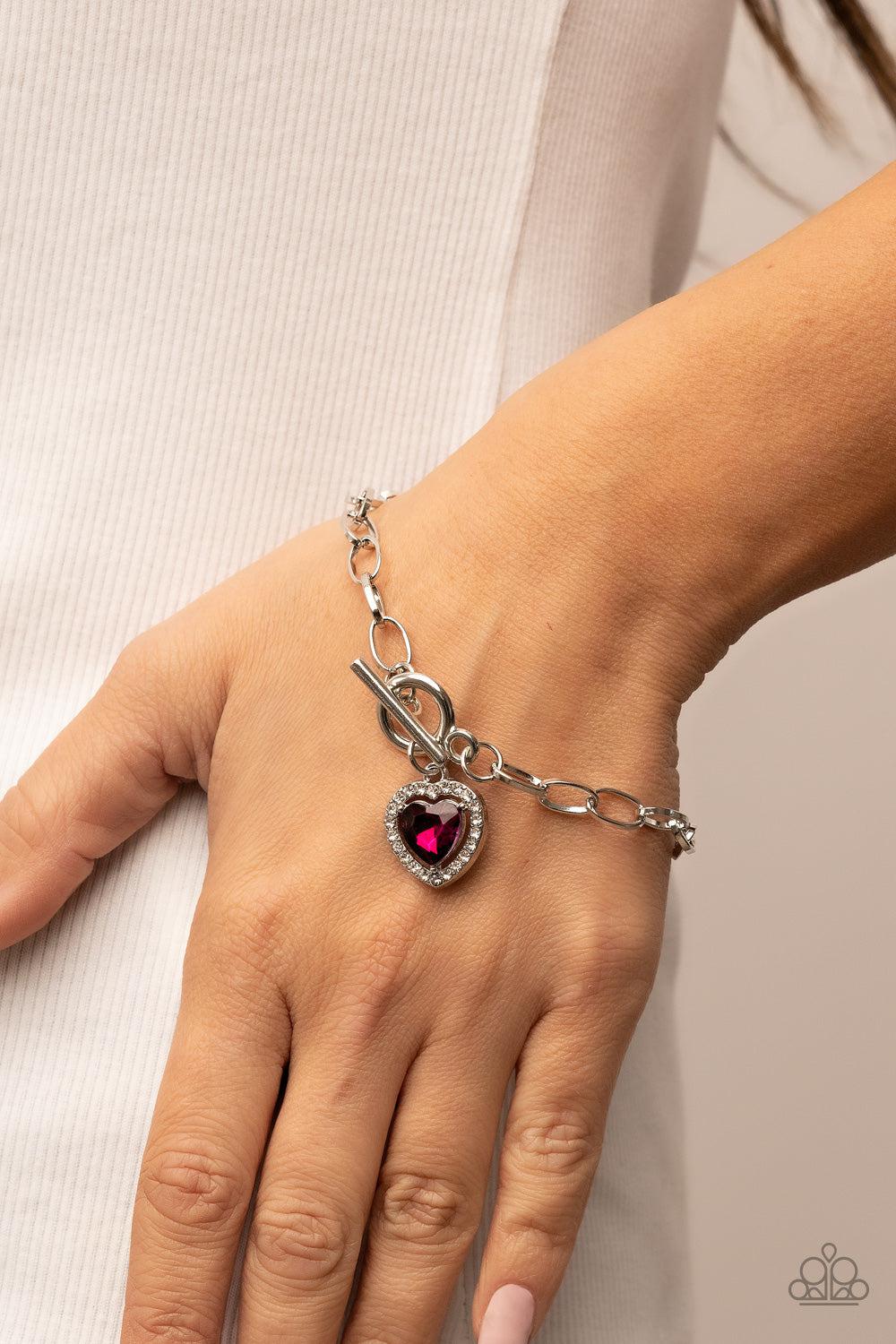 Till DAZZLE Do Us Part Pink Rhinestone Heart Bracelet - Paparazzi Accessories- on model - CarasShop.com - Paparazzi Jewelry by Cara Jewels
