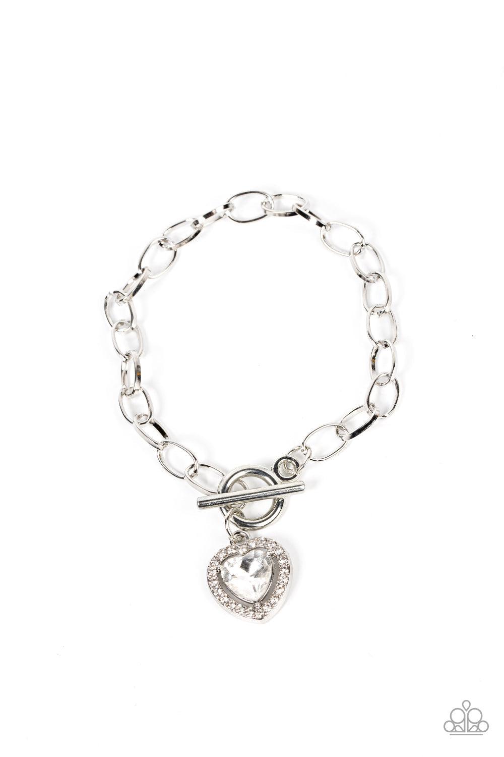 Till DAZZLE Do Us Part White Rhinestone Heart Bracelet - Paparazzi Accessories- lightbox - CarasShop.com - Paparazzi Jewelry by Cara Jewels
