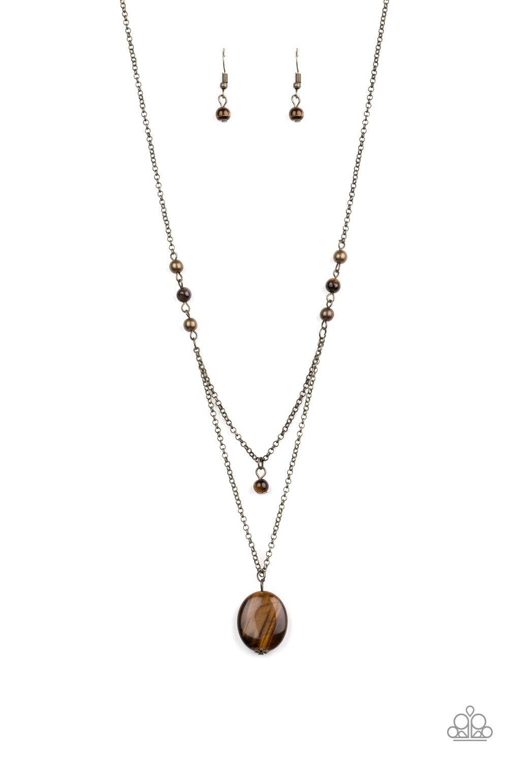 Time To Hit The ROAM Brass and Tiger's Eye Stone Necklace - Paparazzi Accessories - free matching earrings -CarasShop.com - Paparazzi Jewelry by Cara Jewels