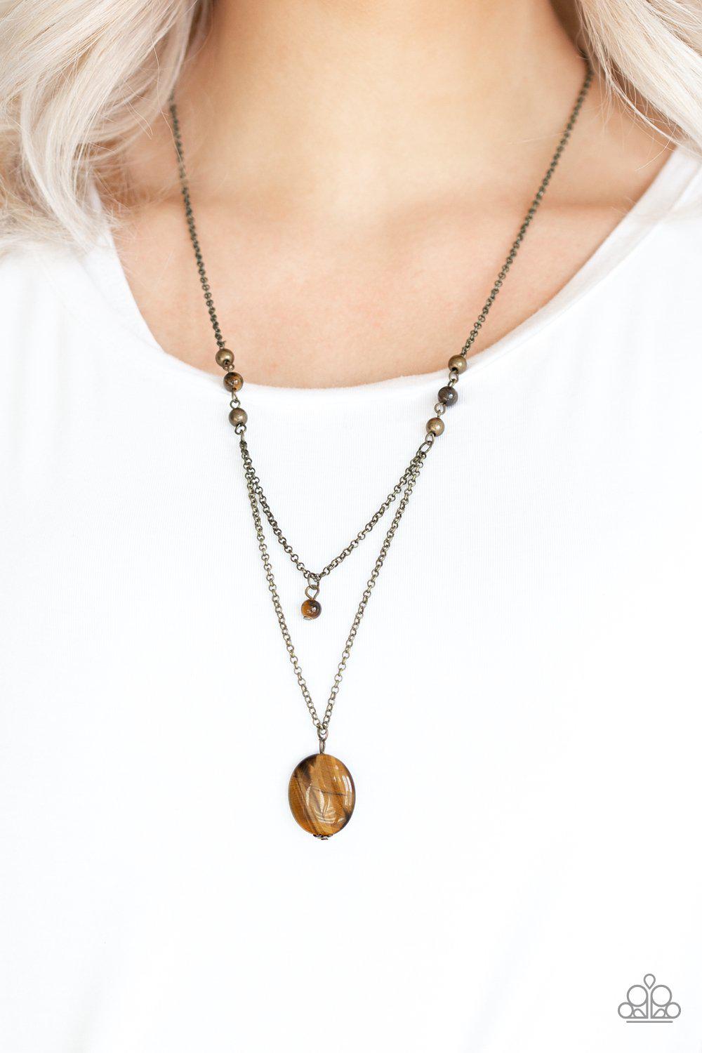 Time To Hit The ROAM Brass and Tiger's Eye Stone Necklace - Paparazzi Accessories- lightbox - CarasShop.com - Paparazzi Jewelry by Cara Jewels