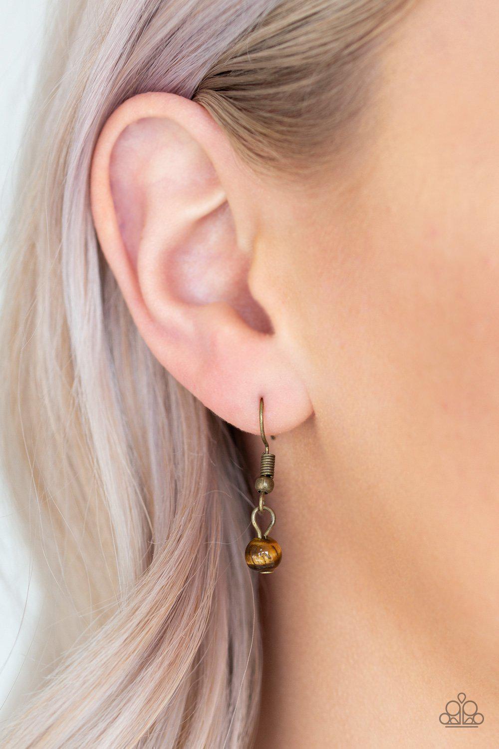 Time To Hit The ROAM Brass and Tiger's Eye Stone Necklace - Paparazzi Accessories- on model - CarasShop.com - Paparazzi Jewelry by Cara Jewels