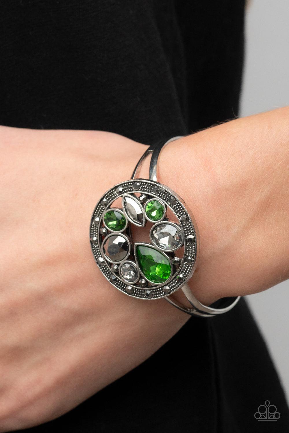 Time to Twinkle Green Rhinestone Cuff Bracelet - Paparazzi Accessories- lightbox - CarasShop.com - Paparazzi Jewelry by Cara Jewels