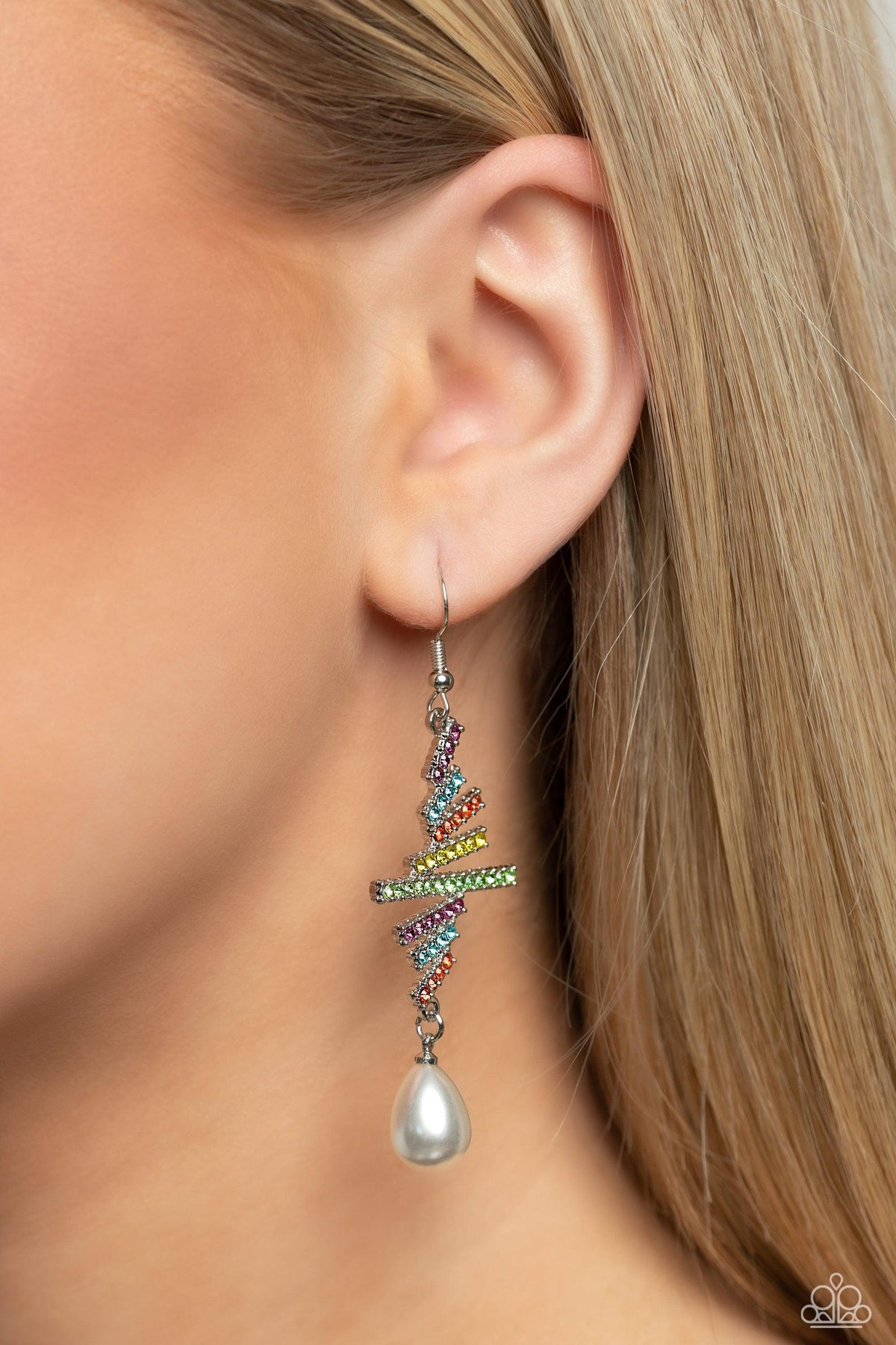 Timeless Tapestry Multi Rhinestone and Pearl Earrings - Paparazzi Accessories- on model - CarasShop.com - Paparazzi Jewelry by Cara Jewels