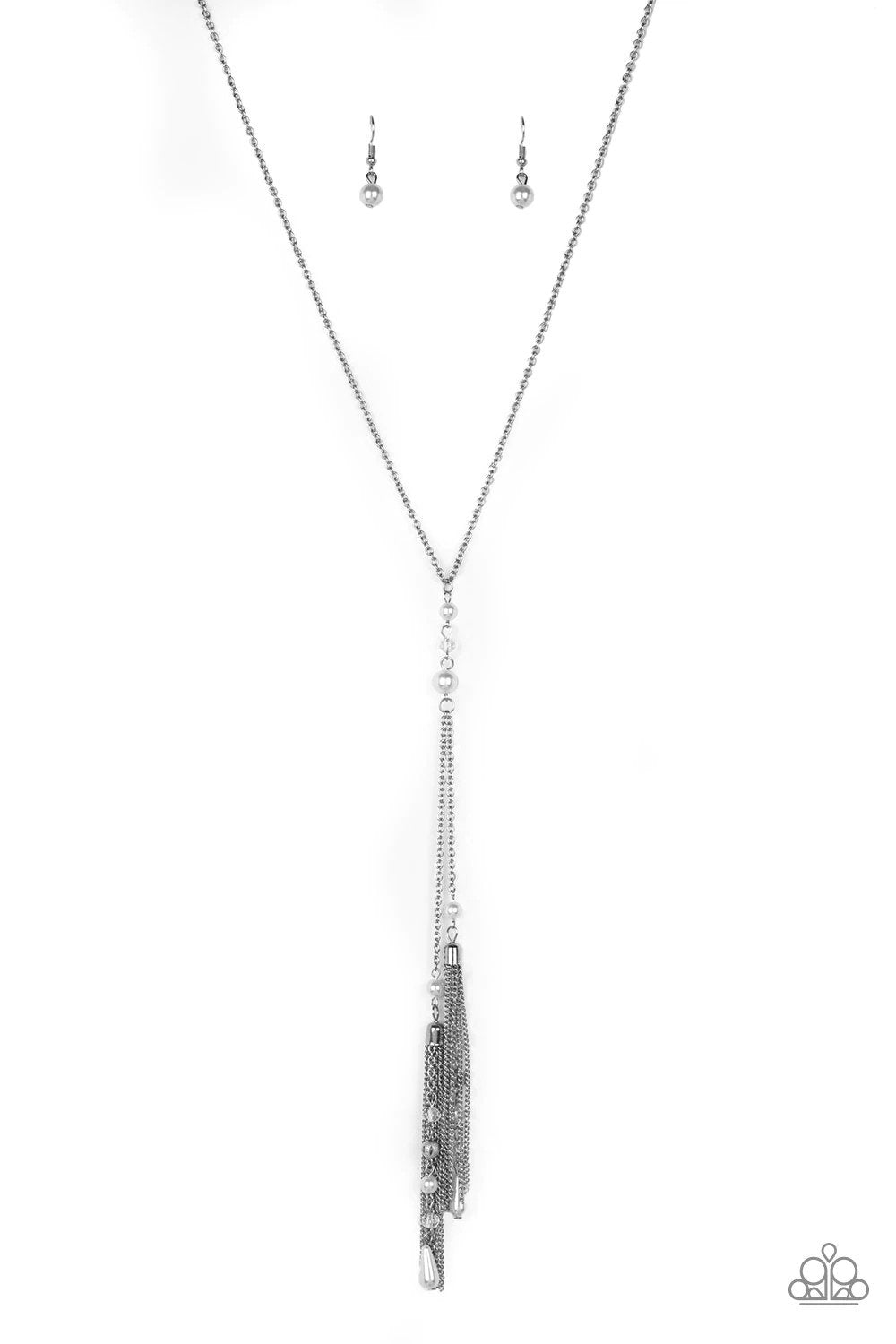 Timeless Tassels White Pearl and Silver Tassel Necklace - Paparazzi Accessories- lightbox - CarasShop.com - Paparazzi Jewelry by Cara Jewels