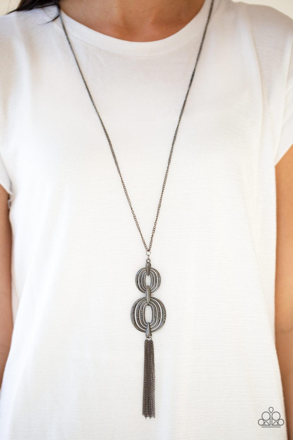 Timelessly Tasseled Gunmetal Black Necklace - Paparazzi Accessories- on model - CarasShop.com - Paparazzi Jewelry by Cara Jewels