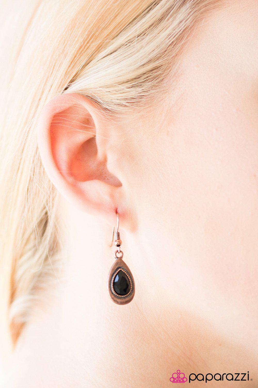 Timelessly Teardrops Copper and Black Earrings - Paparazzi Accessories- on model - CarasShop.com - Paparazzi Jewelry by Cara Jewels