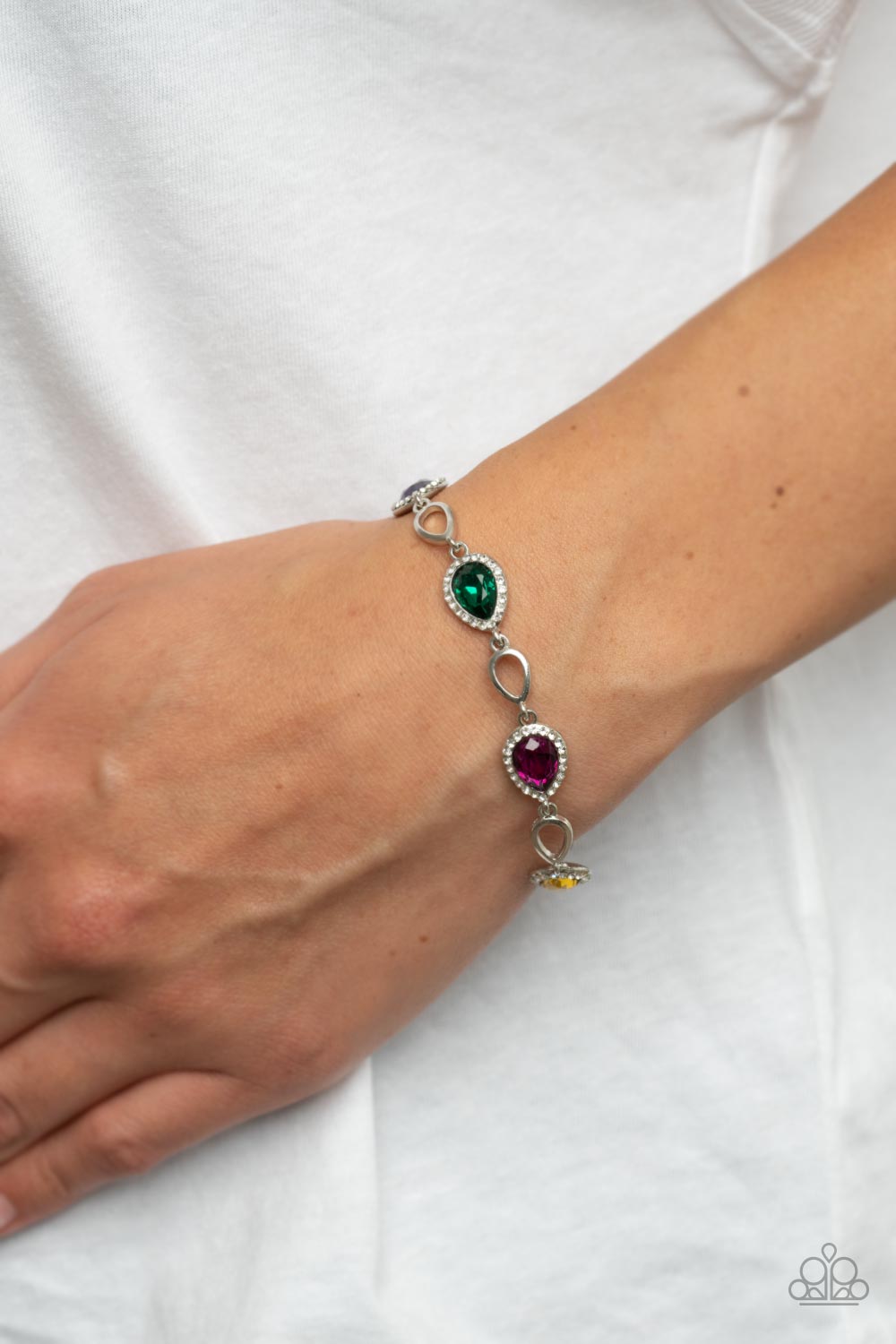 Timelessly Teary Multi Rhinestone Bracelet - Paparazzi Accessories- on model - CarasShop.com - Paparazzi Jewelry by Cara Jewels