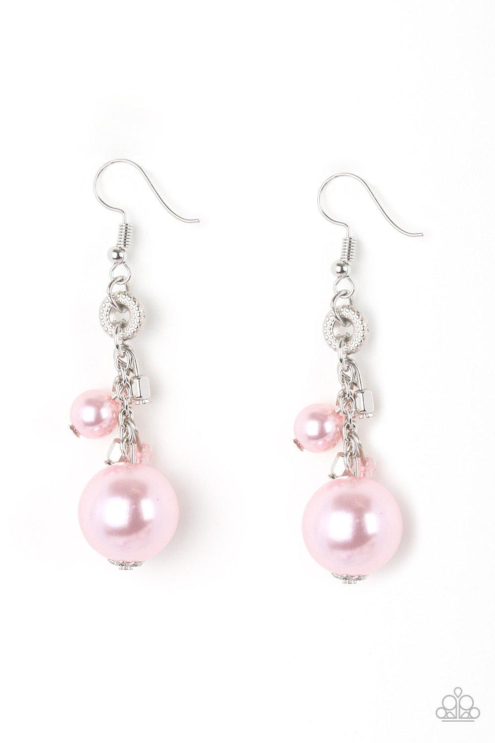 Timelessly Traditional Pink Pearl Earrings - Paparazzi Accessories- on model - CarasShop.com - Paparazzi Jewelry by Cara Jewels