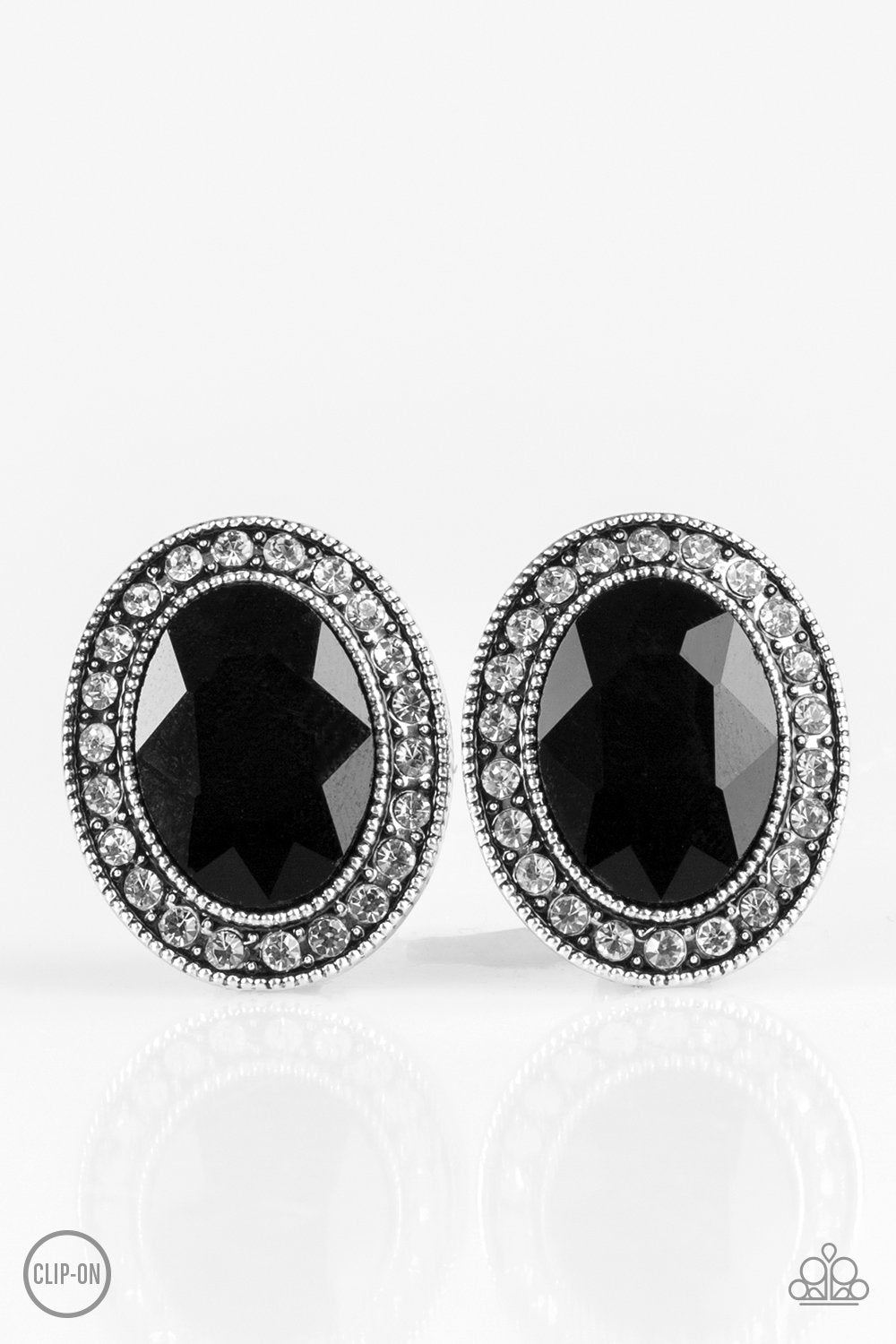 Titanic Treasure Black and White Rhinestone Clip On Earrings - Paparazzi Accessories- lightbox - CarasShop.com - Paparazzi Jewelry by Cara Jewels