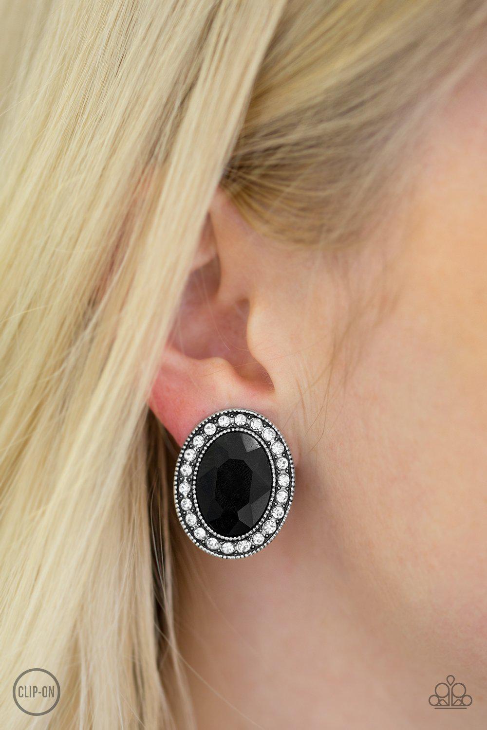 Titanic Treasure Black and White Rhinestone Clip On Earrings - Paparazzi Accessories- on model - CarasShop.com - Paparazzi Jewelry by Cara Jewels