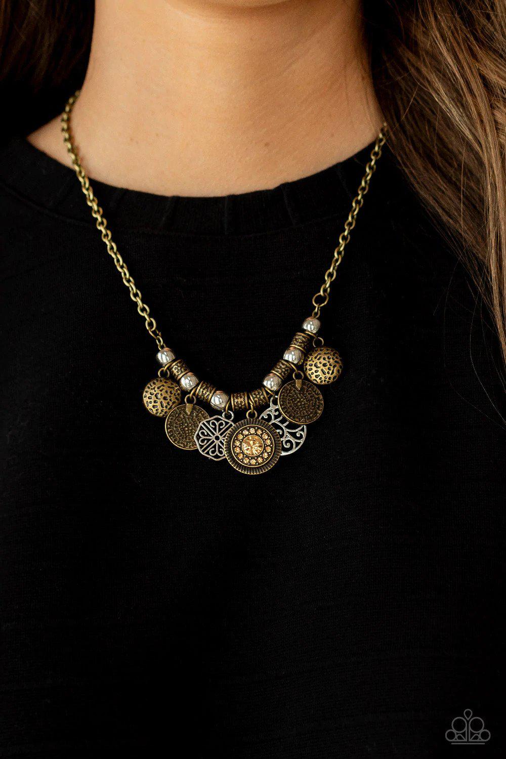 To Coin A Phrase Brass Necklace - Paparazzi Accessories- on model - CarasShop.com - Paparazzi Jewelry by Cara Jewels