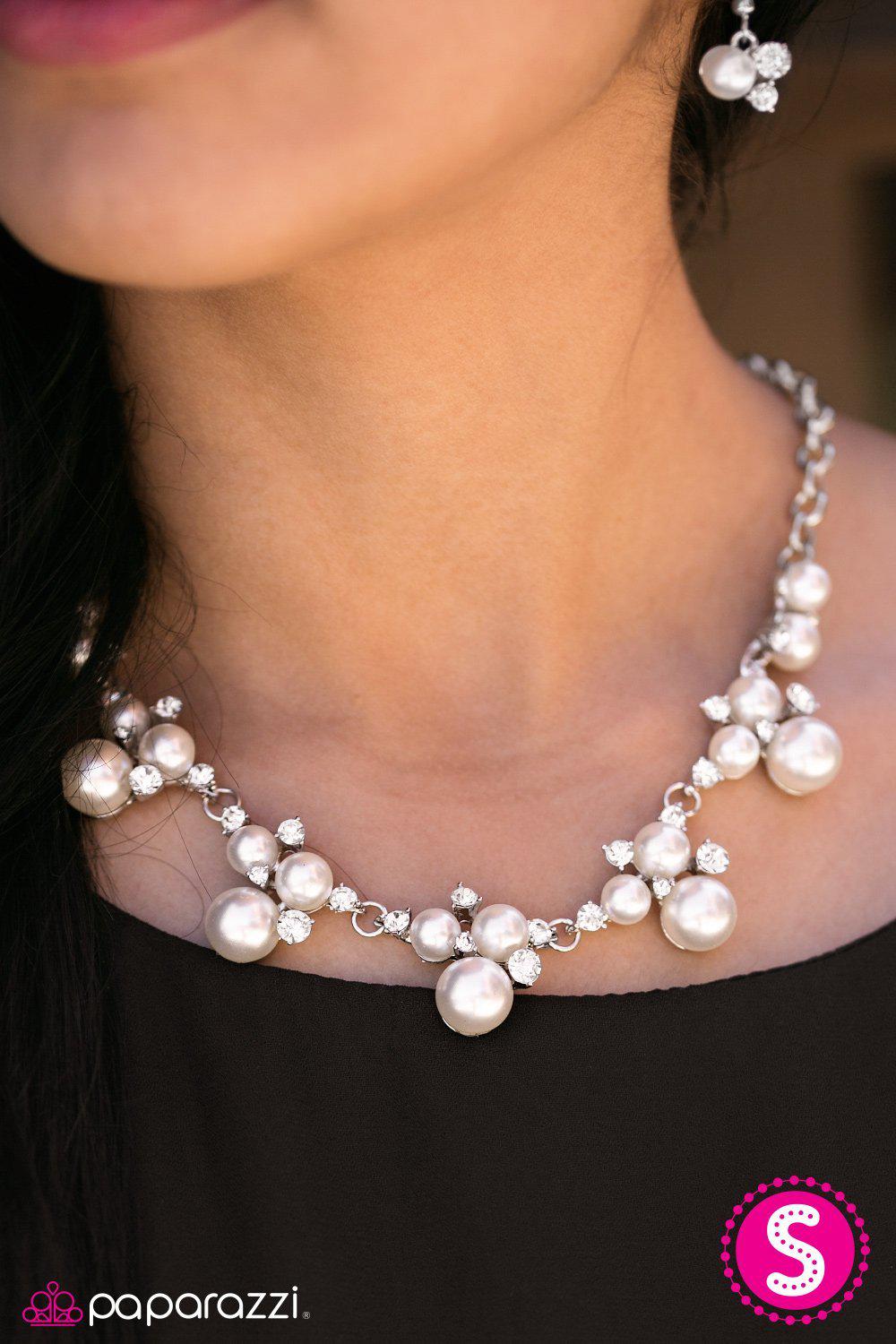 Toast to Perfection White Pearl Necklace and matching Earrings - Paparazzi Accessories - model -CarasShop.com - Paparazzi Jewelry by Cara Jewels