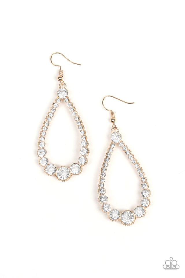 Token Twinkle Gold and White Rhinestone Teardrop Earrings - Paparazzi Accessories- on model - CarasShop.com - Paparazzi Jewelry by Cara Jewels