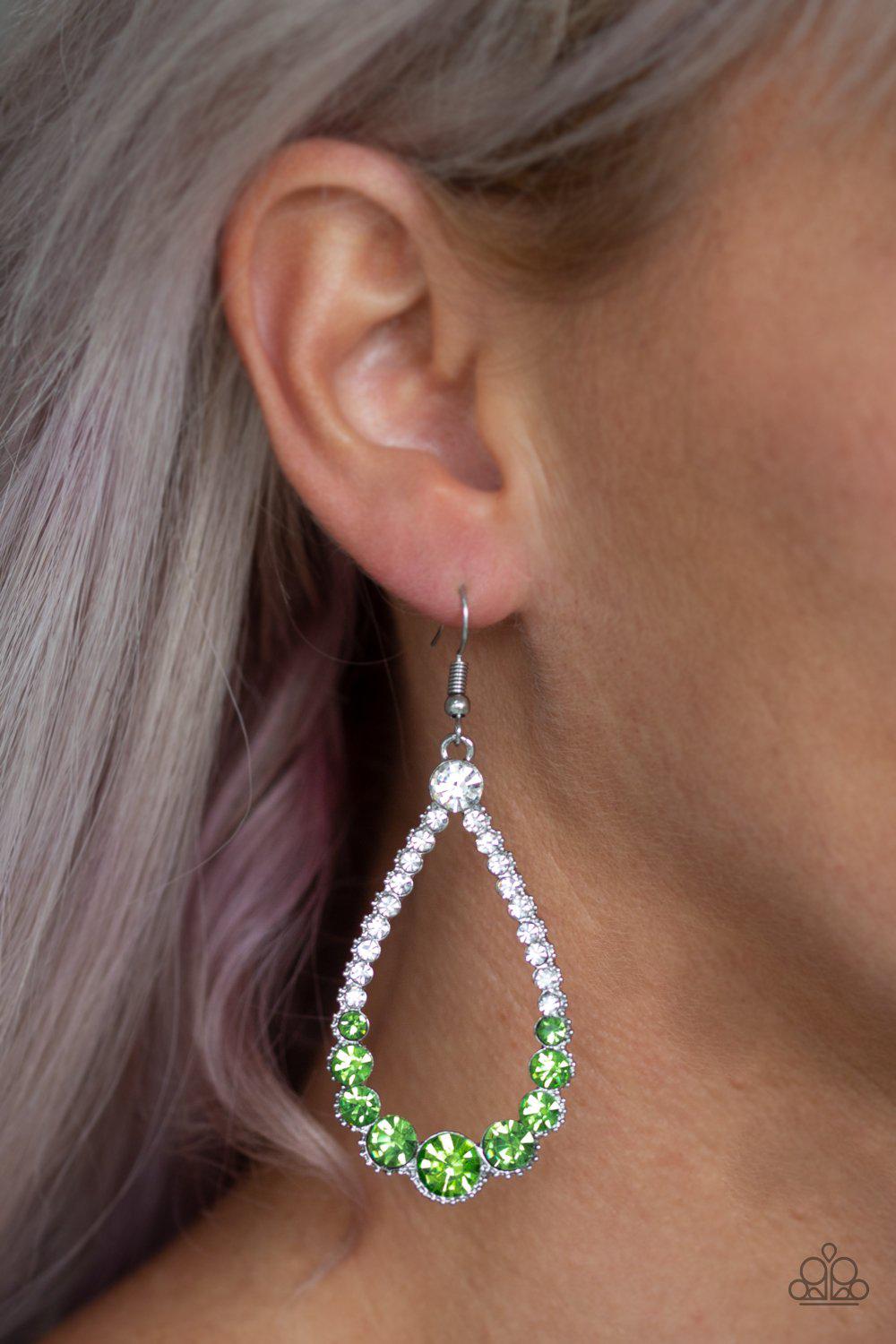 Token Twinkle Green and White Rhinestone Teardrop Earrings - Paparazzi Accessories- lightbox - CarasShop.com - Paparazzi Jewelry by Cara Jewels