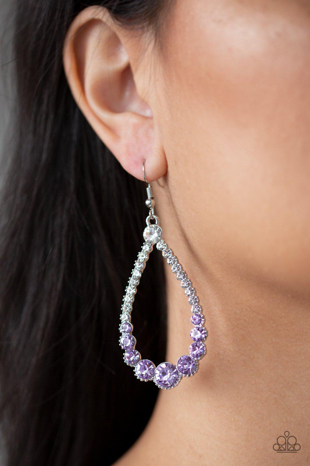 Token Twinkle Purple and White Rhinestone Teardrop Earrings - Paparazzi Accessories- lightbox - CarasShop.com - Paparazzi Jewelry by Cara Jewels