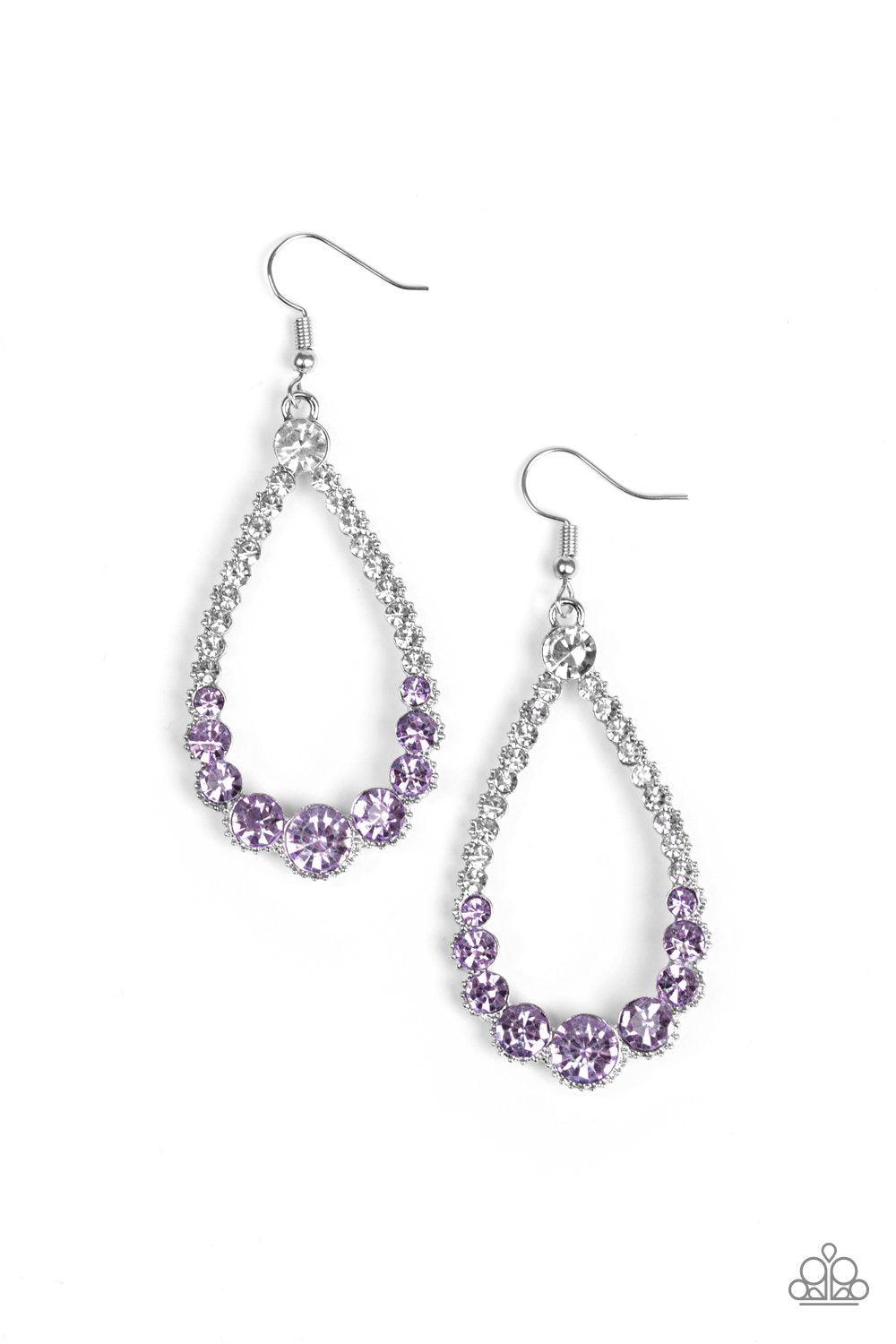 Token Twinkle Purple and White Rhinestone Teardrop Earrings - Paparazzi Accessories- on model - CarasShop.com - Paparazzi Jewelry by Cara Jewels