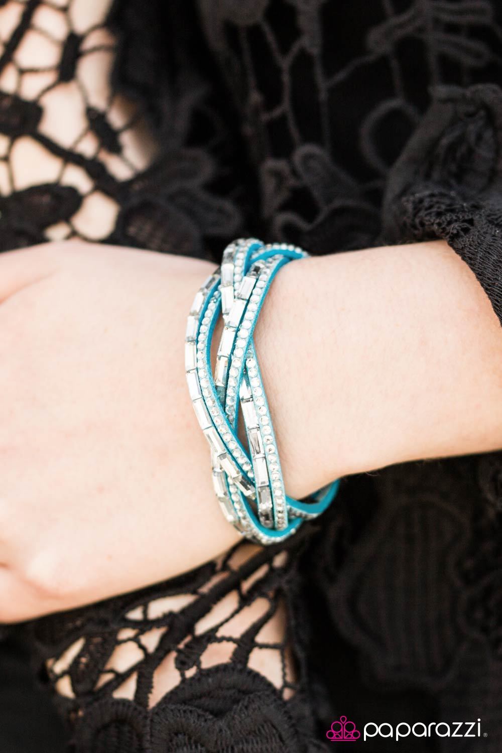 Too Cool for School Blue and White Braided Urban Wrap Snap Bracelet - Paparazzi Accessories- on model - CarasShop.com - Paparazzi Jewelry by Cara Jewels