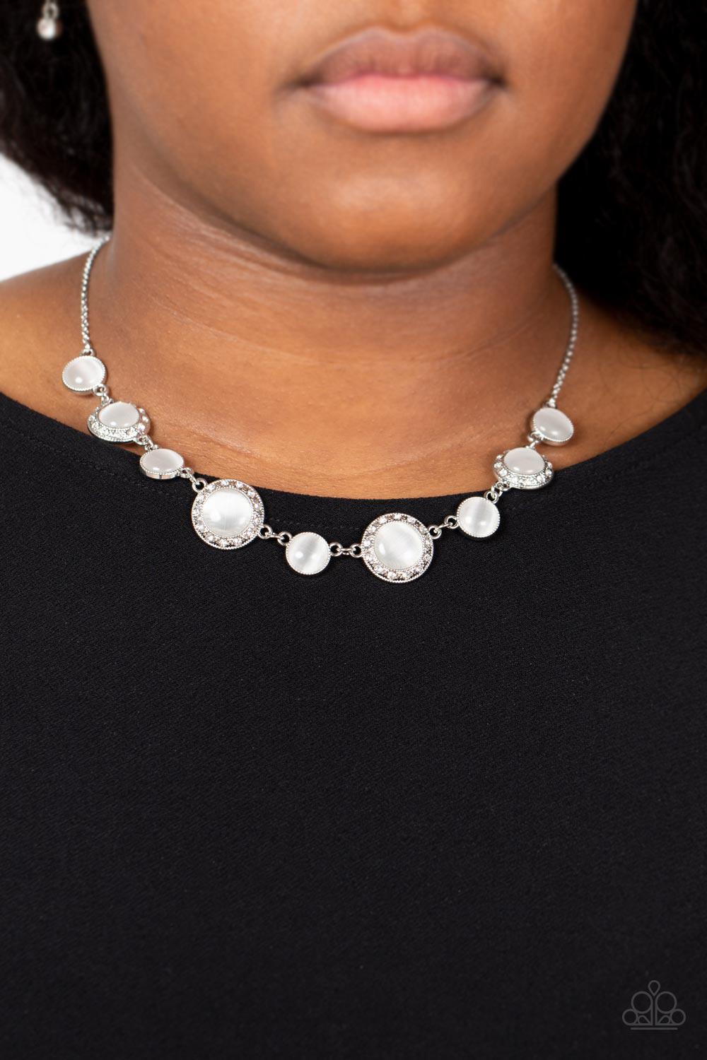 Too Good to BEAM True White Cat's Eye Necklace- on model - CarasShop.com - Paparazzi Jewelry by Cara Jewels