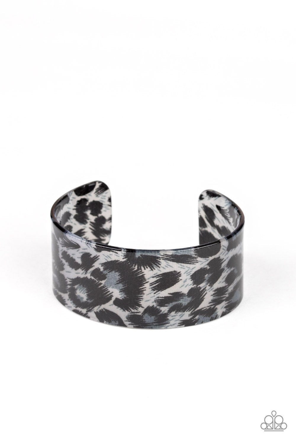 Top Cat Silver Animal Print Acrylic Cuff Bracelet - Paparazzi Accessories- on model - CarasShop.com - Paparazzi Jewelry by Cara Jewels