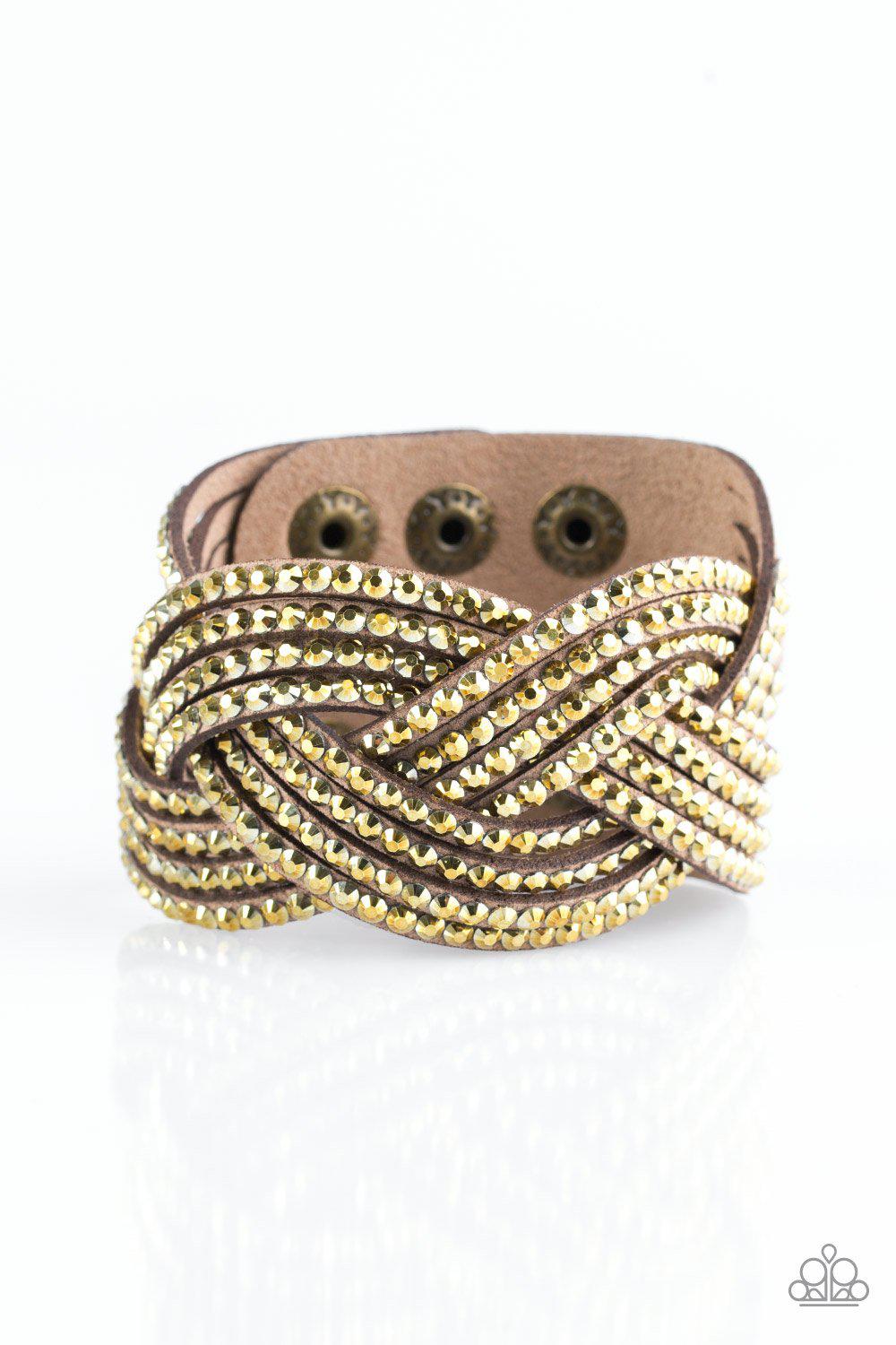 Top Class Chic Brown and Brass Braided Urban Wrap Snap Bracelet - Paparazzi Accessories- on model - CarasShop.com - Paparazzi Jewelry by Cara Jewels