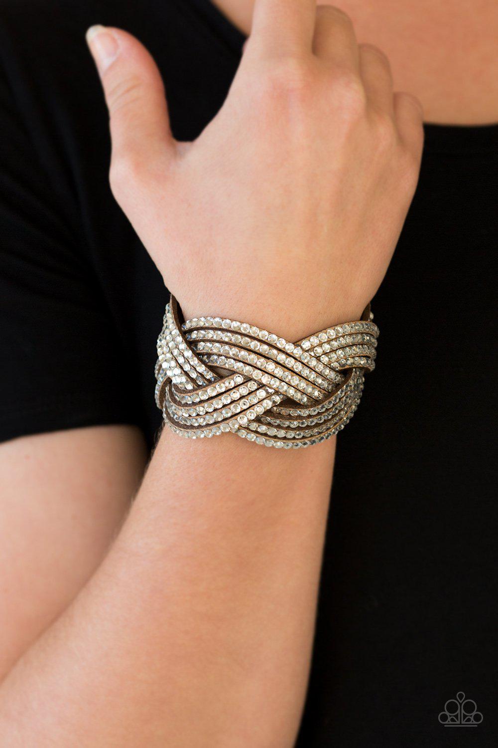 Top Class Chic Brown and White Rhinestone Braided Urban Wrap Snap Bracelet - Paparazzi Accessories- lightbox - CarasShop.com - Paparazzi Jewelry by Cara Jewels