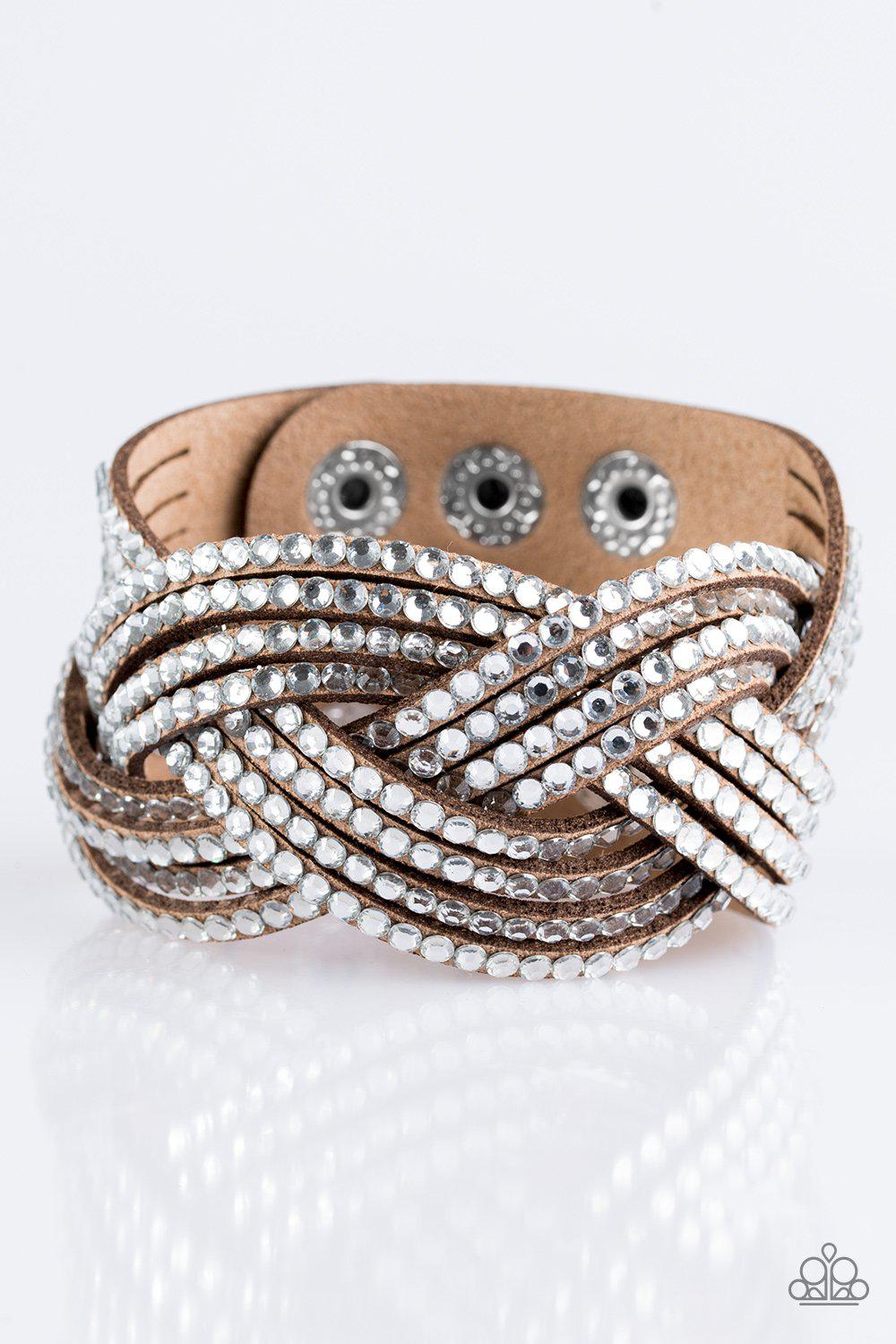 Top Class Chic Brown and White Rhinestone Braided Urban Wrap Snap Bracelet - Paparazzi Accessories- on model - CarasShop.com - Paparazzi Jewelry by Cara Jewels