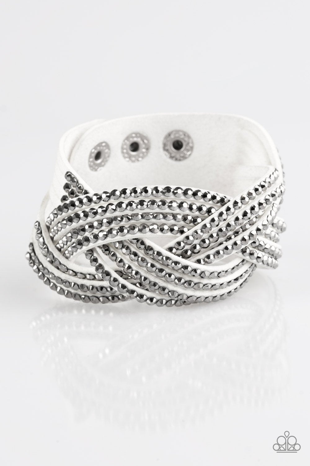 Top Class Chic White and Hematite Braided Urban Wrap Snap Bracelet - Paparazzi Accessories- lightbox - CarasShop.com - Paparazzi Jewelry by Cara Jewels