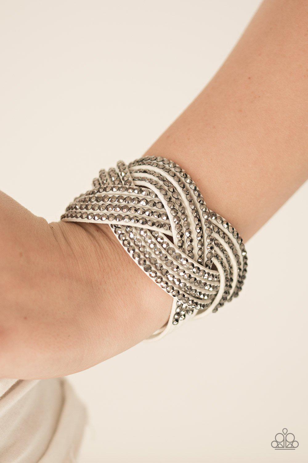 Top Class Chic White and Hematite Braided Urban Wrap Snap Bracelet - Paparazzi Accessories- lightbox - CarasShop.com - Paparazzi Jewelry by Cara Jewels