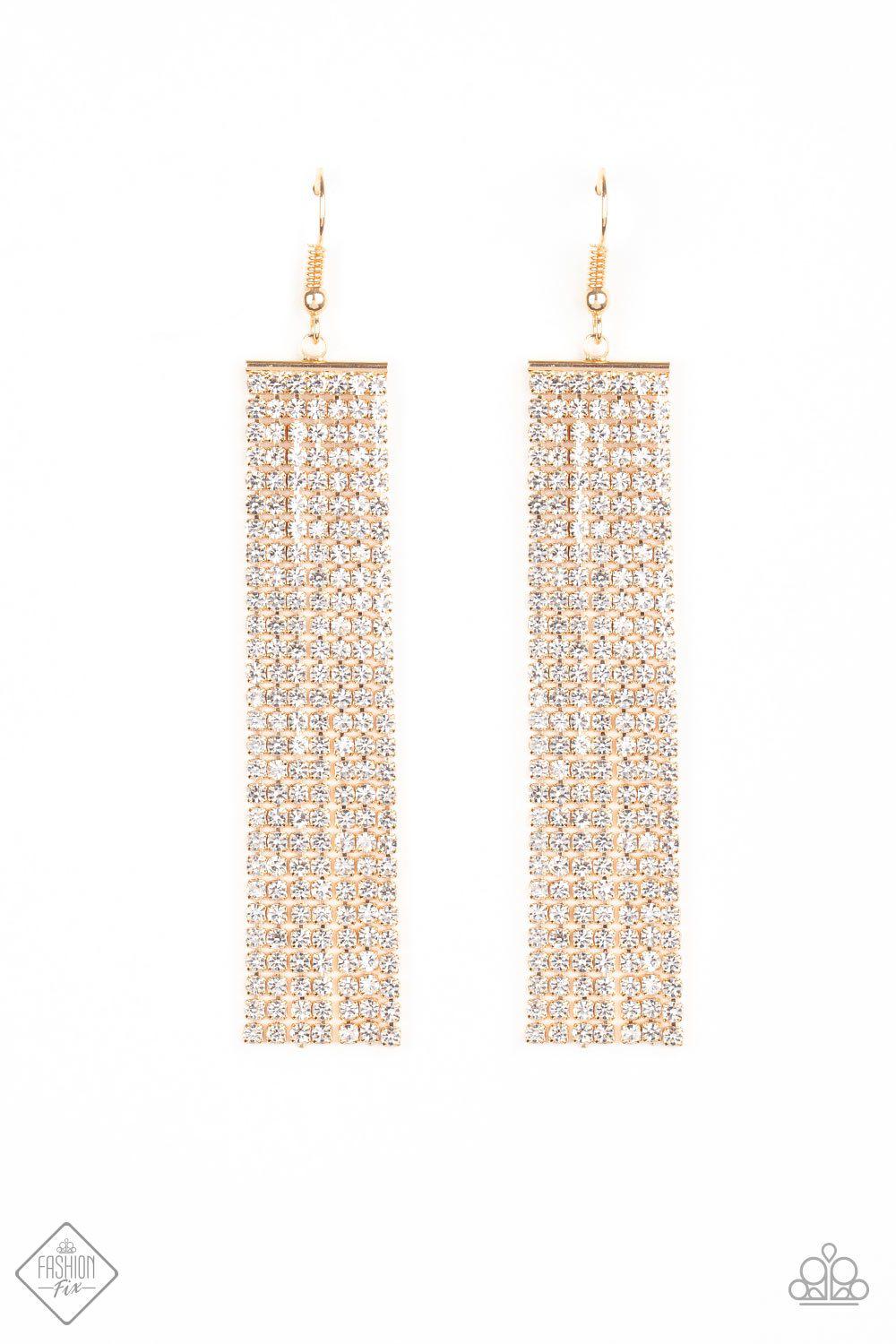 Top-Down Shimmer Gold and White Rhinestone Earrings - Paparazzi Accessories- lightbox - CarasShop.com - Paparazzi Jewelry by Cara Jewels