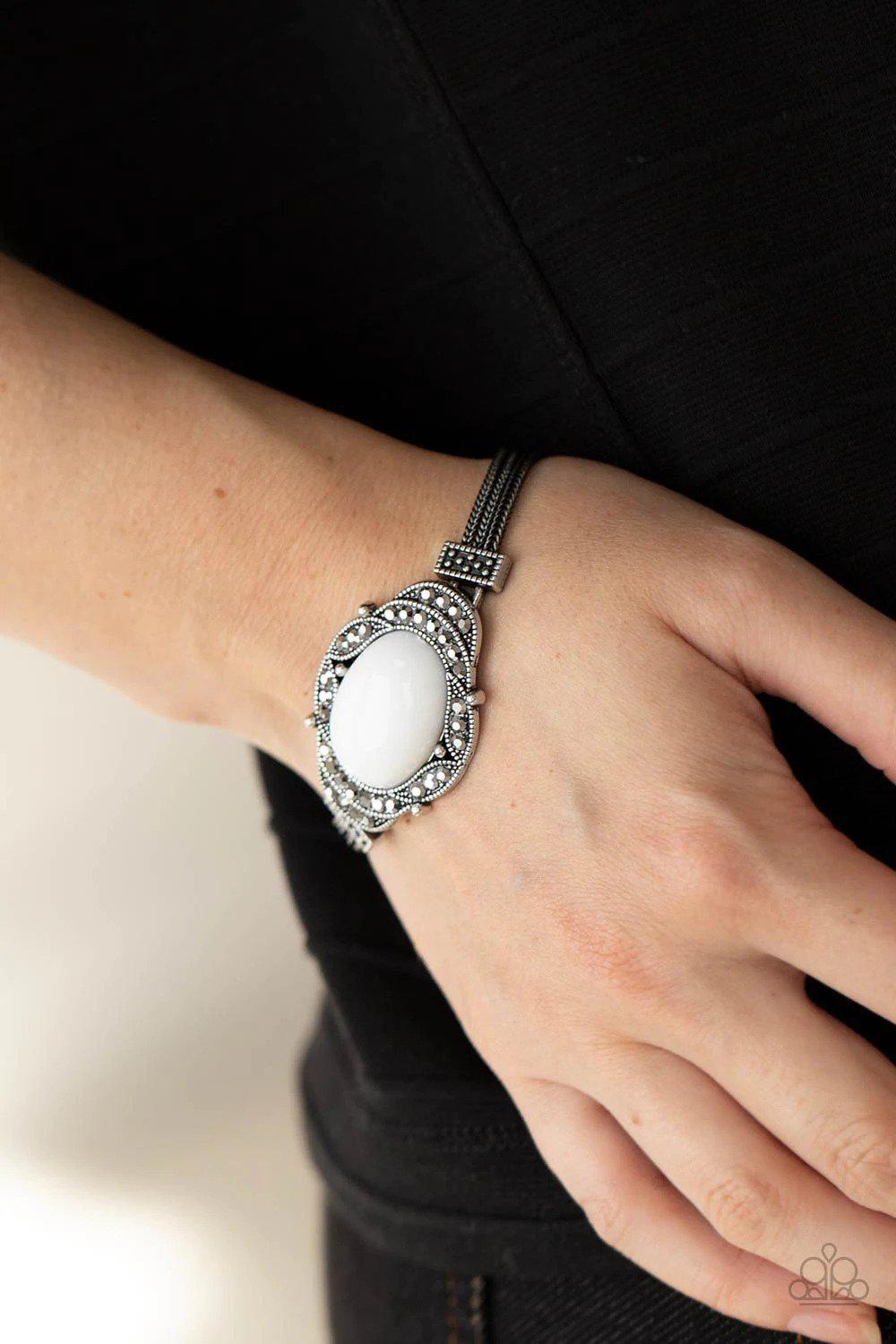 Top-Notch Drama White Bracelet - Paparazzi Accessories- on model - CarasShop.com - Paparazzi Jewelry by Cara Jewels