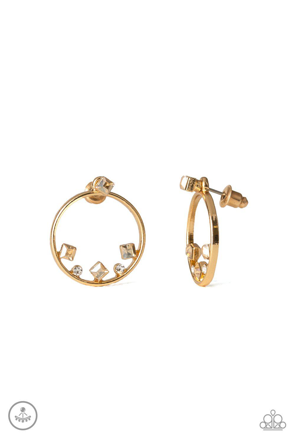 Top-Notch Twinkle Gold Double-sided Post Earrings - Paparazzi Accessories- lightbox - CarasShop.com - Paparazzi Jewelry by Cara Jewels