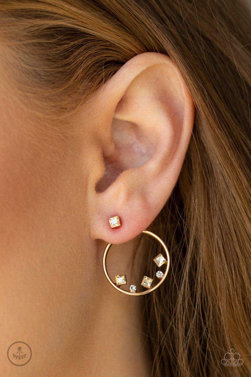 Top-Notch Twinkle Gold Double-sided Post Earrings - Paparazzi Accessories- on model - CarasShop.com - Paparazzi Jewelry by Cara Jewels