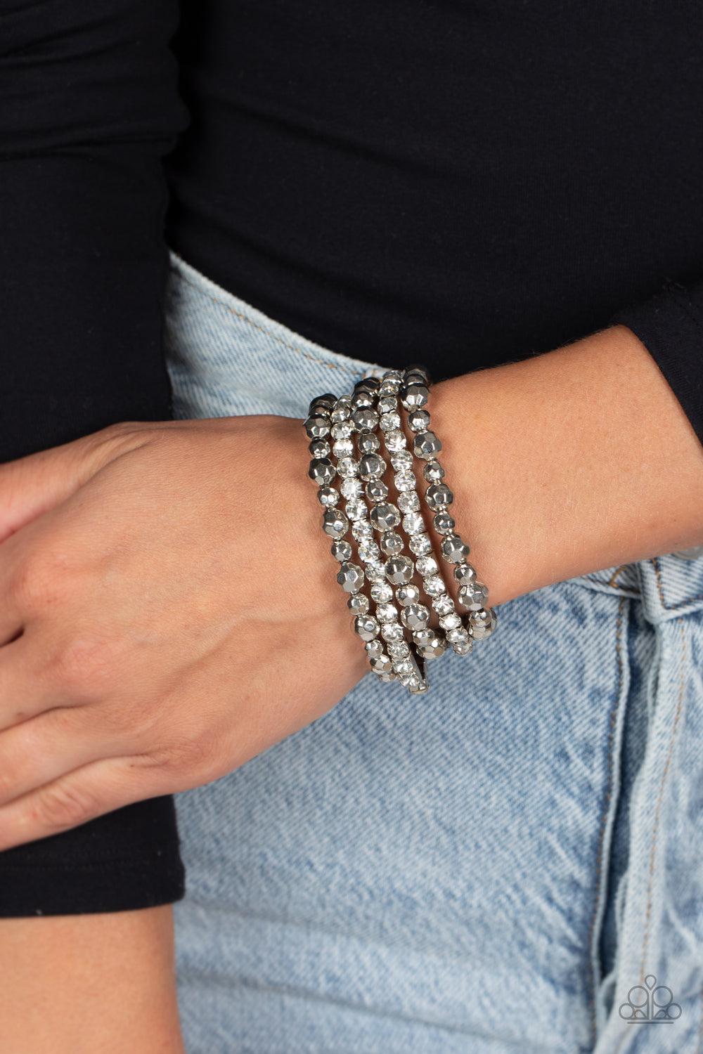 Top Notch Twinkle White Rhinestone & Silver Bracelet - Paparazzi Accessories- on model - CarasShop.com - Paparazzi Jewelry by Cara Jewels