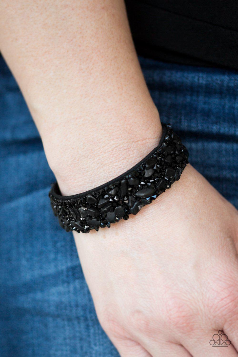 Totally Crushed It Black Crushed Stone Urban Wrap Snap Bracelet - Paparazzi Accessories- on model - CarasShop.com - Paparazzi Jewelry by Cara Jewels