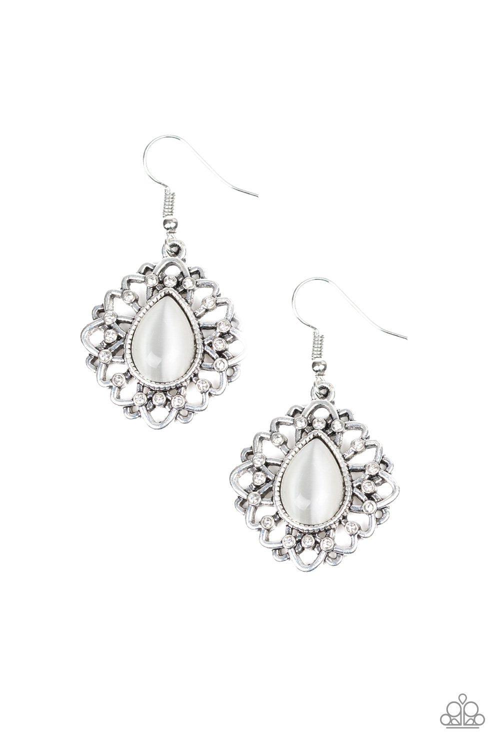 Totally GLOWN Away White Moonstone Earrings - Paparazzi Accessories- on model - CarasShop.com - Paparazzi Jewelry by Cara Jewels