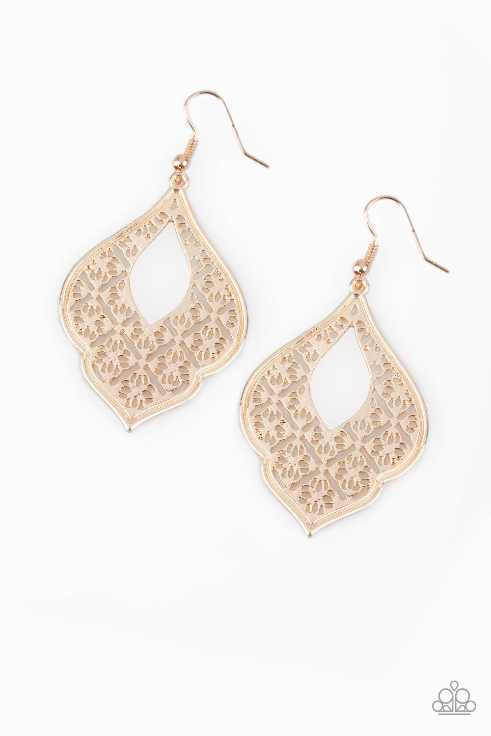 Totally Taj Mahal Rose Gold Earrings - Paparazzi Accessories- on model - CarasShop.com - Paparazzi Jewelry by Cara Jewels