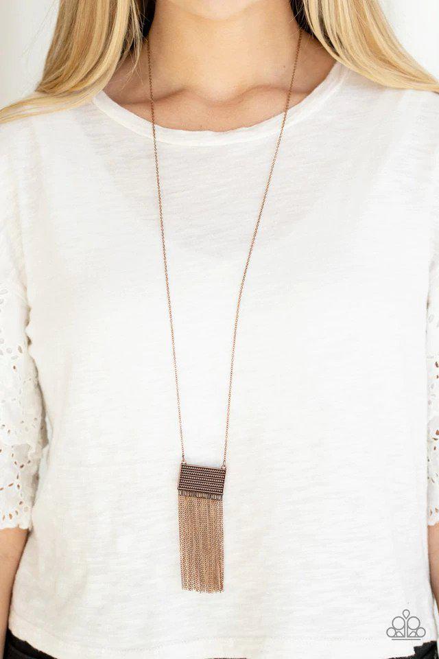 Totally Tassel Copper Necklace - Paparazzi Accessories- on model - CarasShop.com - Paparazzi Jewelry by Cara Jewels