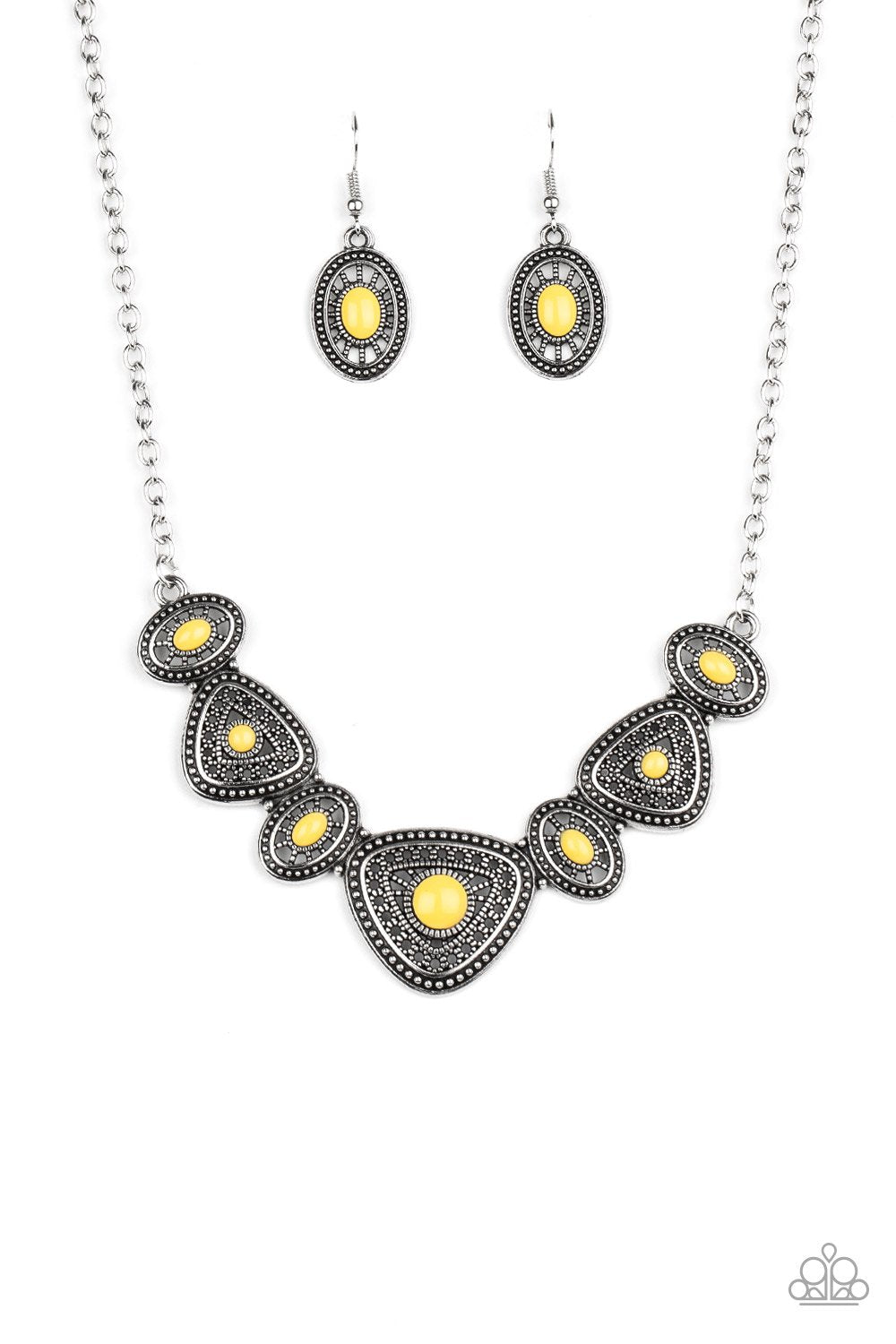 Totally TERRA-torial Yellow and Silver Necklace - Paparazzi Accessories- on model - CarasShop.com - Paparazzi Jewelry by Cara Jewels