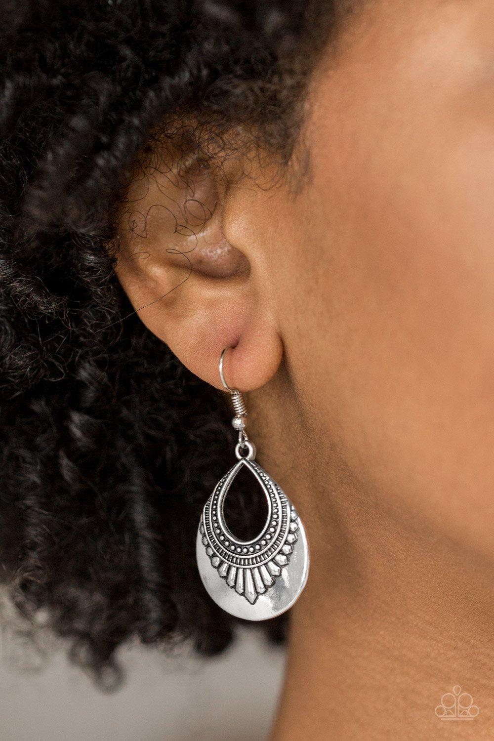 Totally Terrestrial Silver Earrings - Paparazzi Accessories- on model - CarasShop.com - Paparazzi Jewelry by Cara Jewels