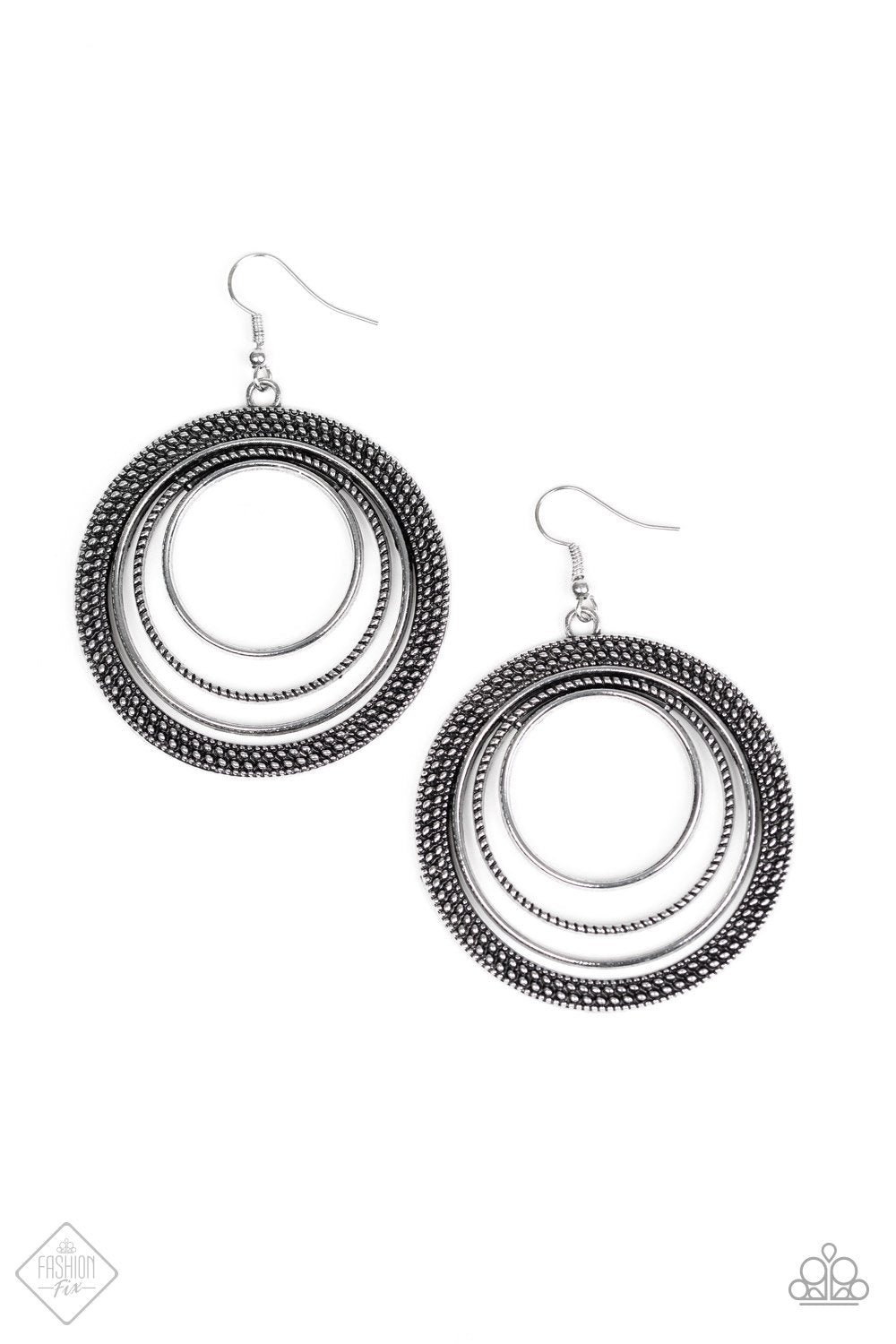 Totally Textured Silver Hoop Earrings - Paparazzi Accessories- on model - CarasShop.com - Paparazzi Jewelry by Cara Jewels