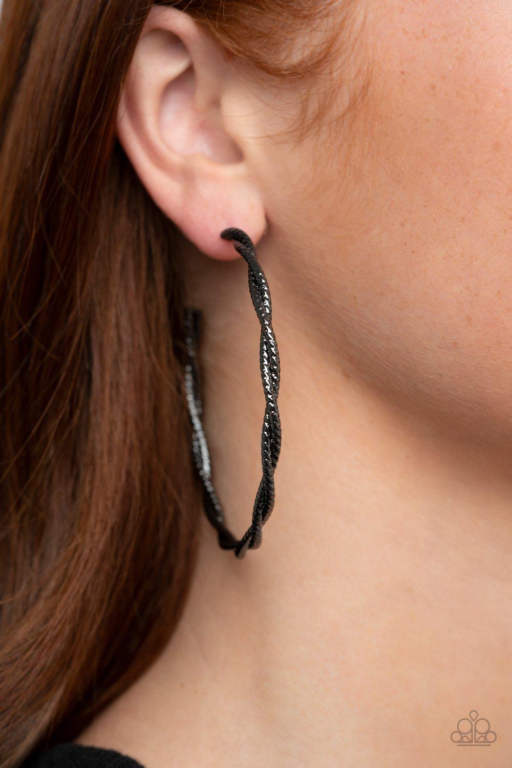 Totally Throttled Black Gunmetal Hoop Earrings - Paparazzi Accessories- lightbox - CarasShop.com - Paparazzi Jewelry by Cara Jewels
