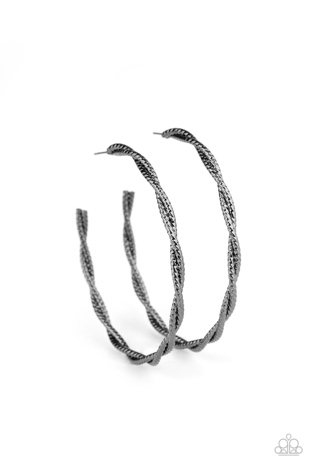 Totally Throttled Black Gunmetal Hoop Earrings - Paparazzi Accessories- on model - CarasShop.com - Paparazzi Jewelry by Cara Jewels