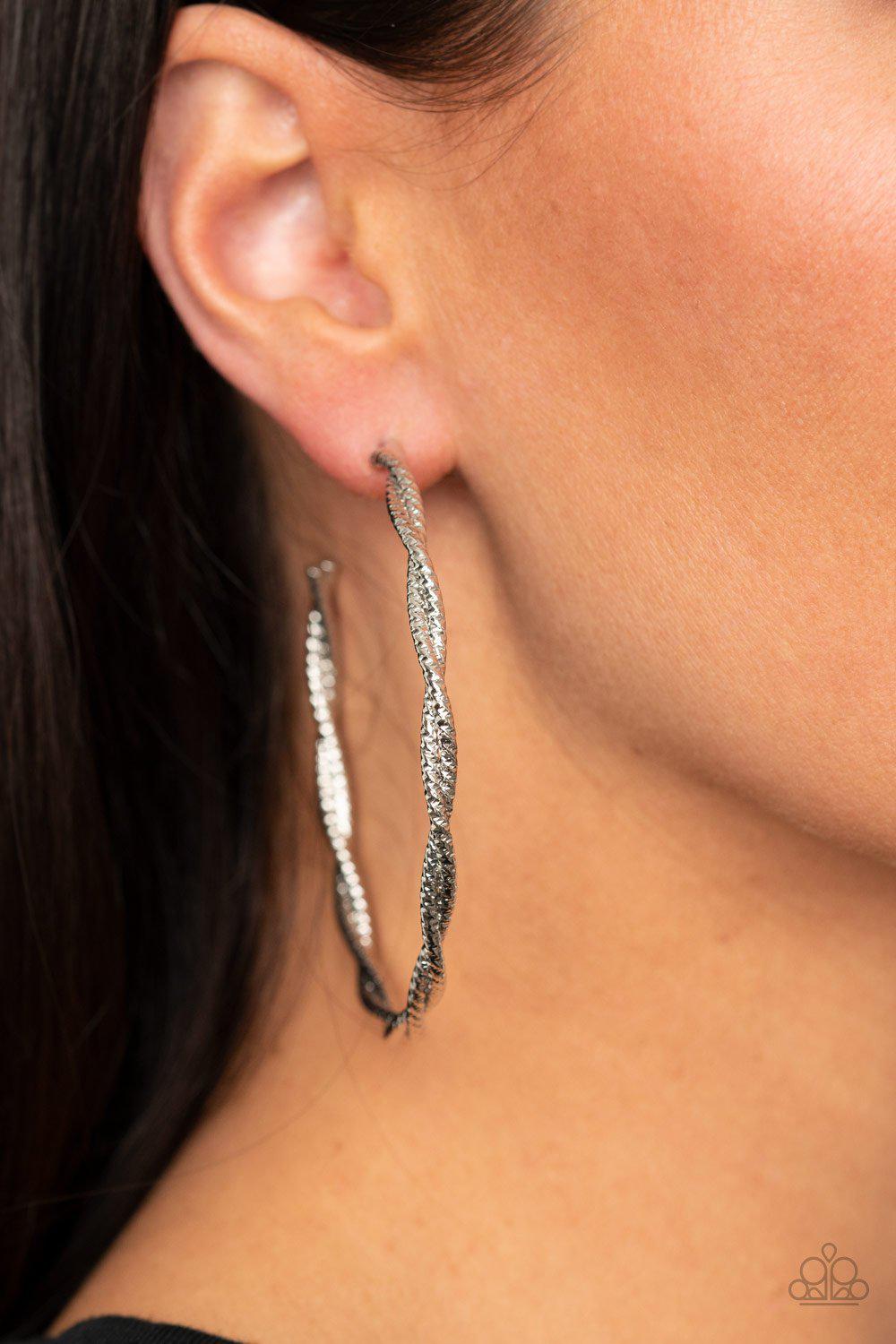 Totally Throttled Silver Hoop Earrings - Paparazzi Accessories- lightbox - CarasShop.com - Paparazzi Jewelry by Cara Jewels