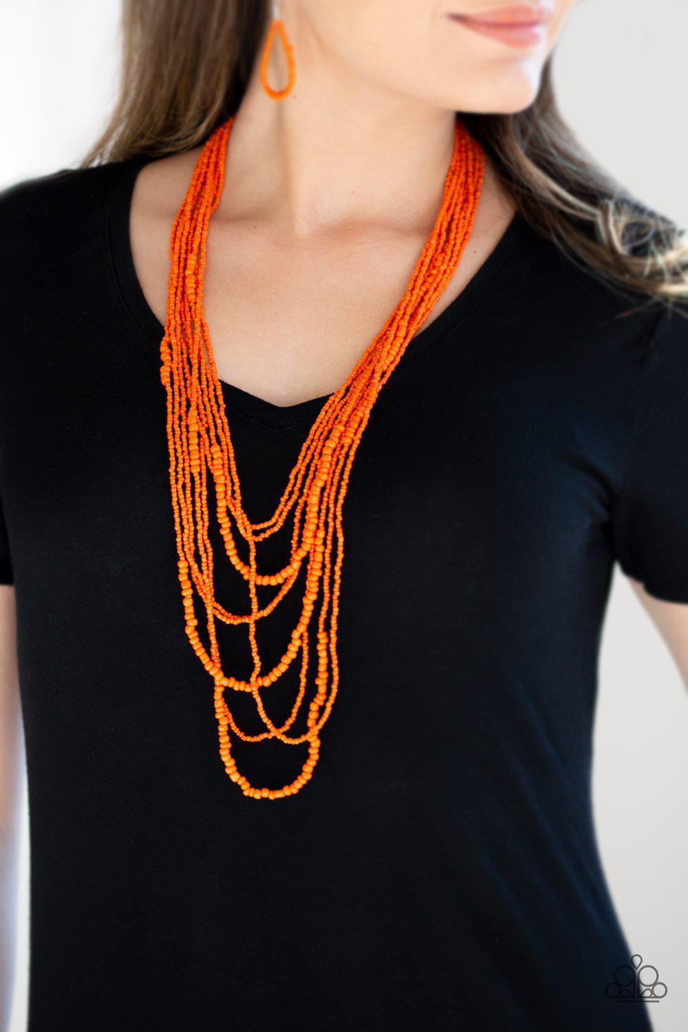 Totally Tonga Orange Seed Bead Necklace - Paparazzi Accessories- on model - CarasShop.com - Paparazzi Jewelry by Cara Jewels