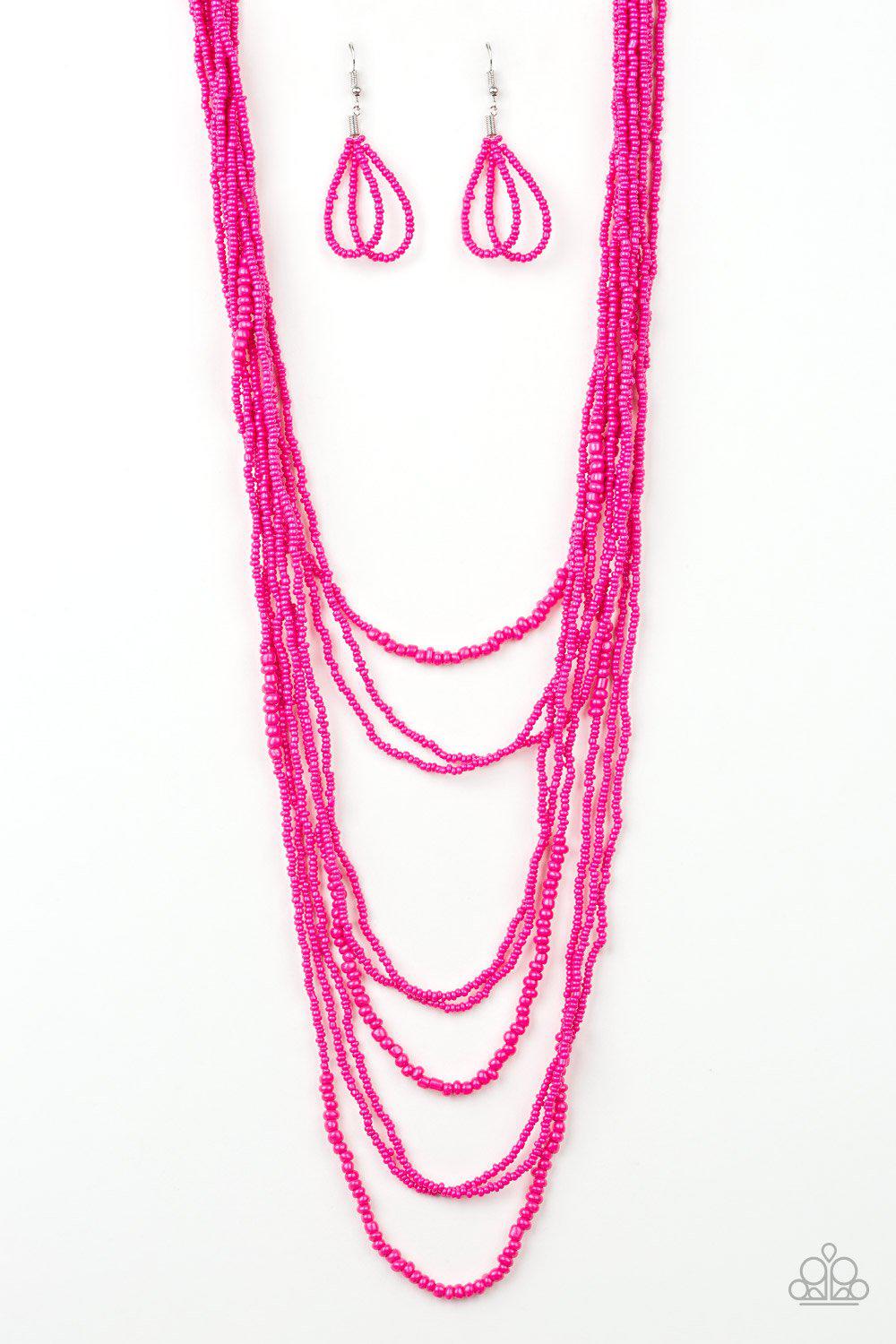 Totally Tonga Pink Seed Bead Necklace - Paparazzi Accessories- on model - CarasShop.com - Paparazzi Jewelry by Cara Jewels