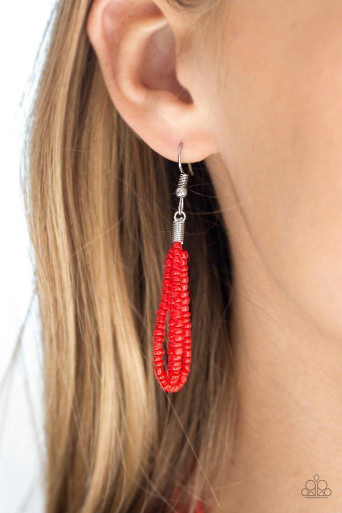 Totally Tonga Red Seed Bead Necklace - Paparazzi Accessories - free matching earrings -CarasShop.com - Paparazzi Jewelry by Cara Jewels