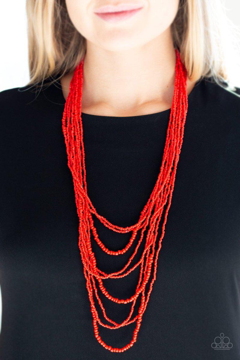 Totally Tonga Red Seed Bead Necklace - Paparazzi Accessories- lightbox - CarasShop.com - Paparazzi Jewelry by Cara Jewels